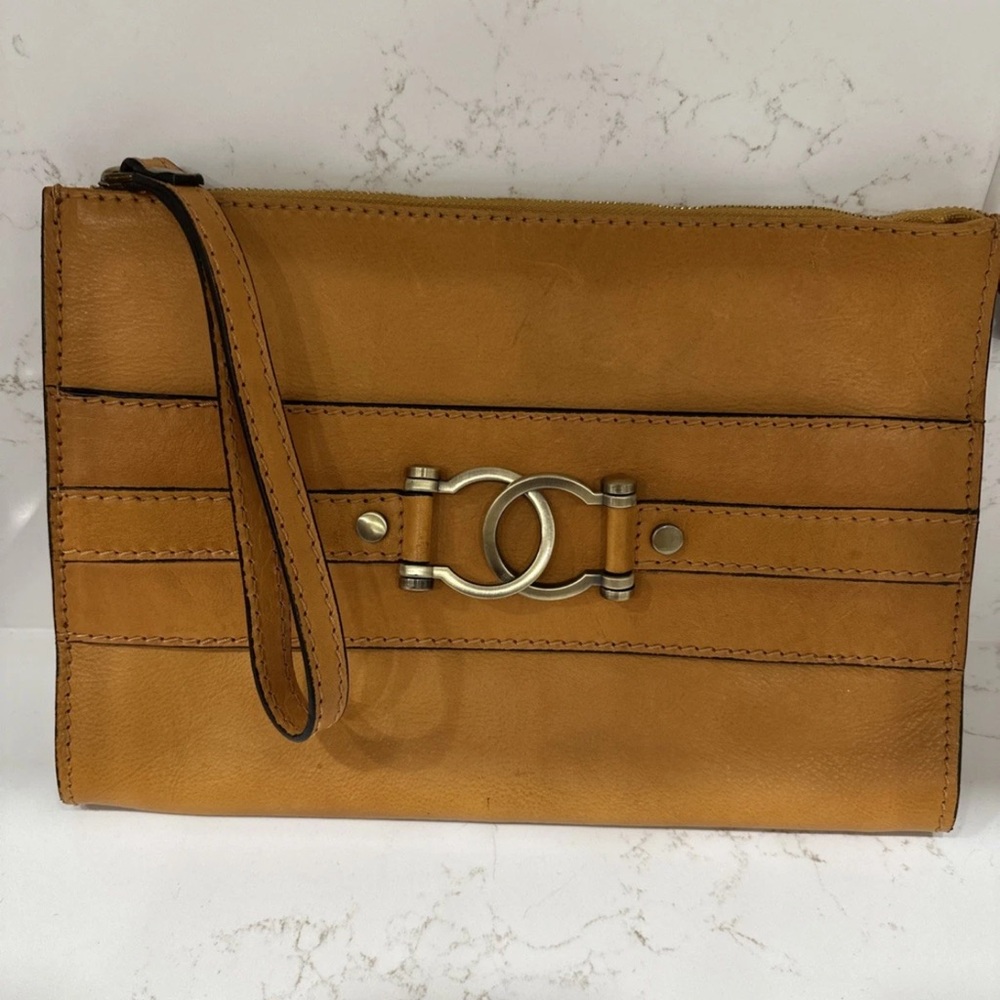 Italian Leather Large Clutch Bag Mustard Brown Retail $299